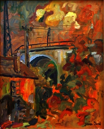 Railway-bridge, 1999, oil on wood-fibre, 64 x 52